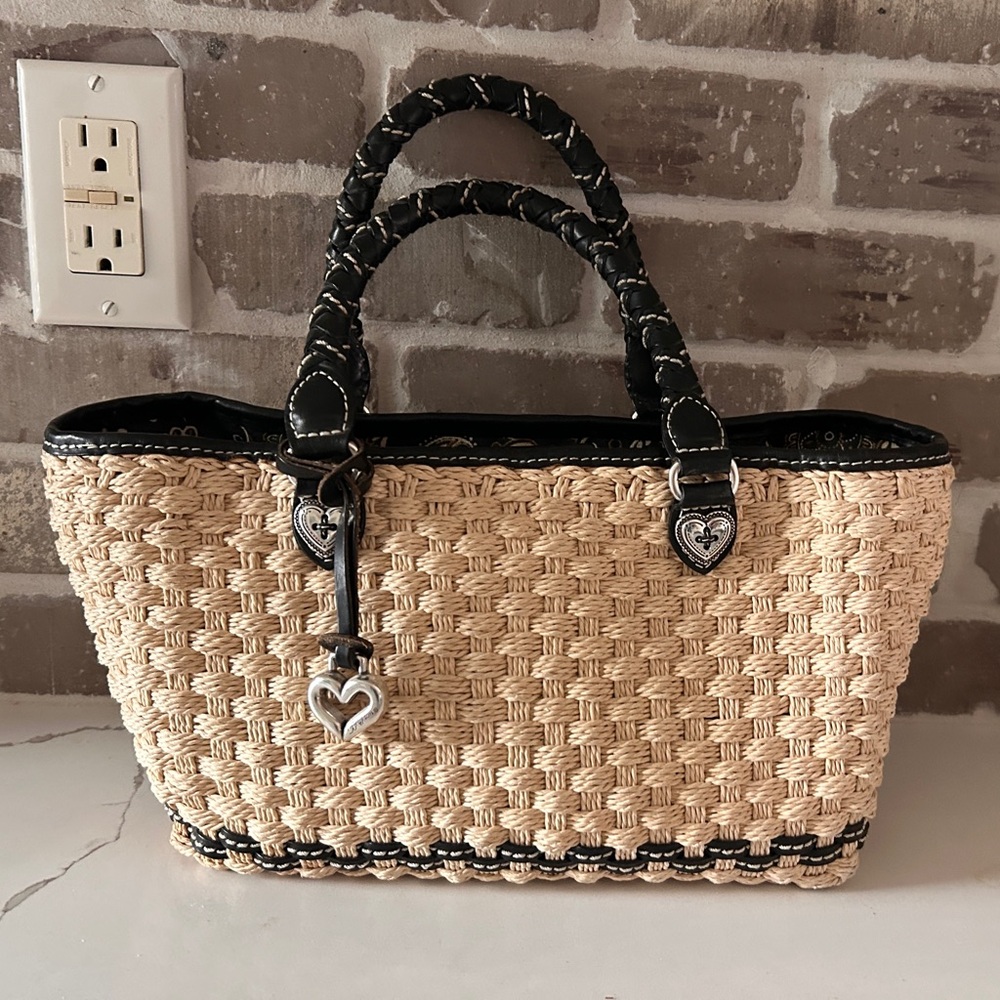 VINTAGE Brighton PEGGY Natural Straw Tote with Black Trim and Heart Charm